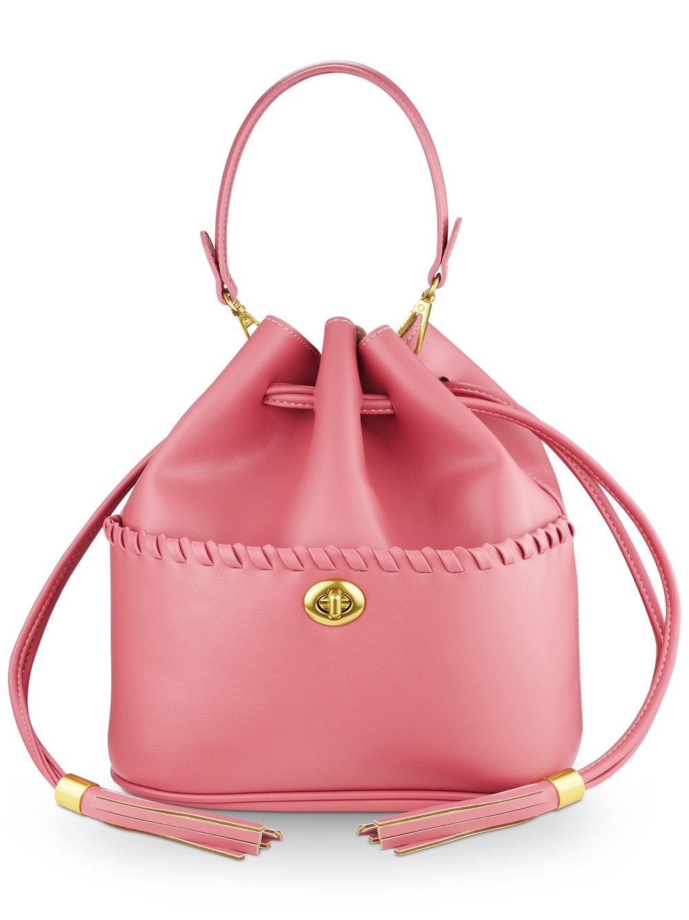 Pink Leather Drawstring Bucket Shoulder Bag with Gold Turn-Lock